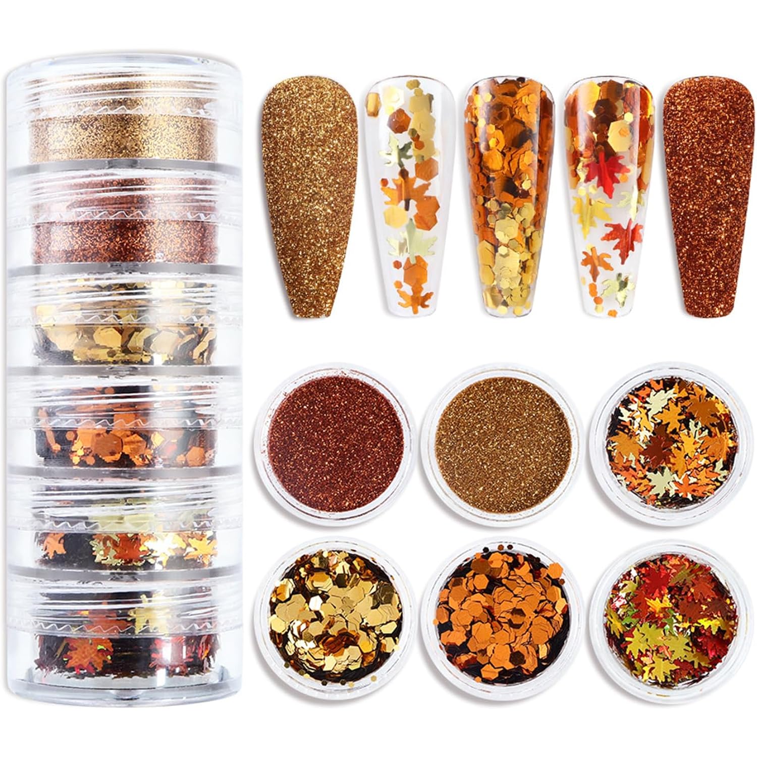 6-Grids Fall Maple Leaf Nail Art Glitter Sequins 3D Holographic Gold Orange Leaf Flakes Thanksgiving Supplies for Acrylic Nails Autumn DIY Decorations