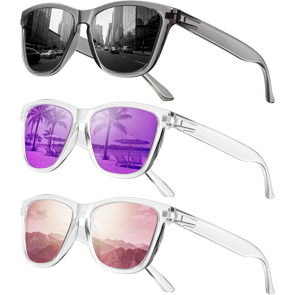 Sunglasses Womens Polarized Sunglasses for Mens Womens Retro Mirror Lens for Driving Fishing UV400 Protection A1-clear Pink + Grey + Clear Purple