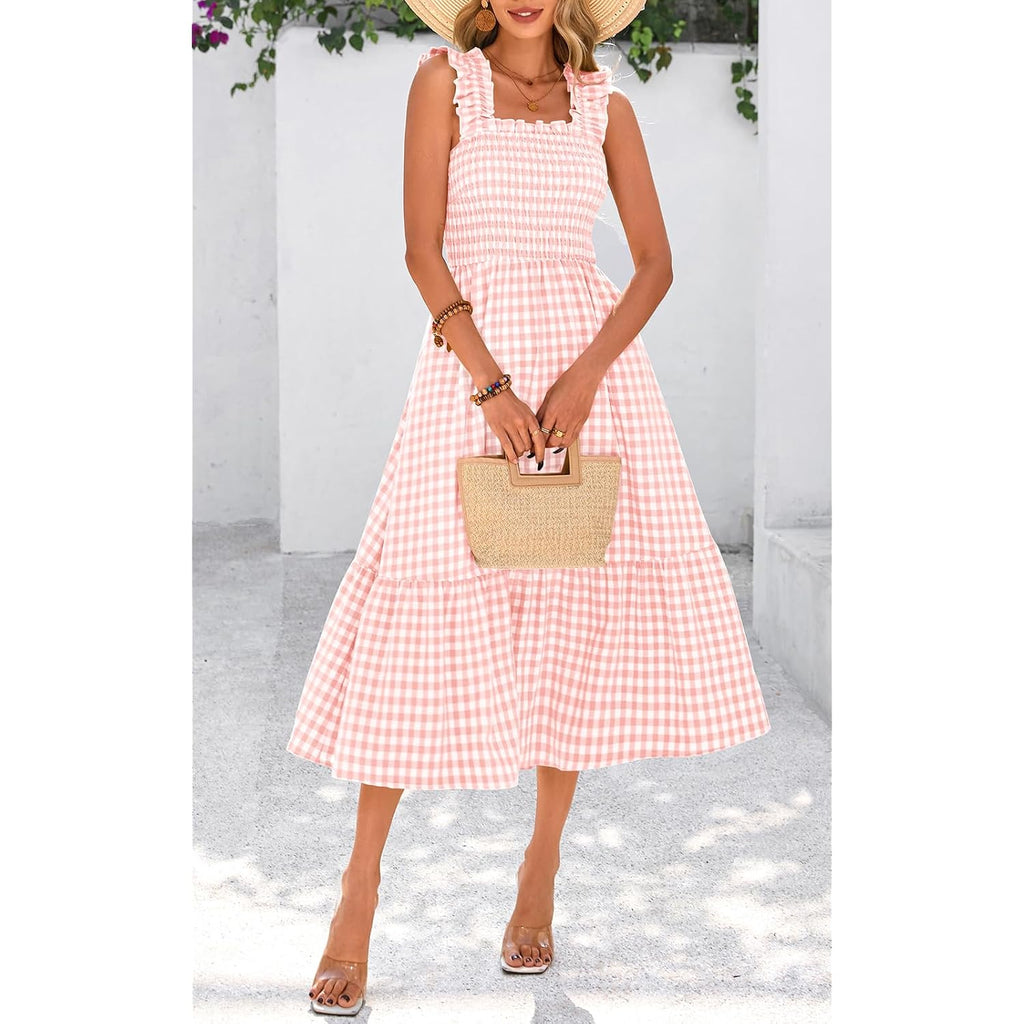 Prettygarden Womens Summer Dress Casual Square Neck Ruffle Strap Gingham Smocked Midi Flowy A Line Beach Vacation Sun Dresses