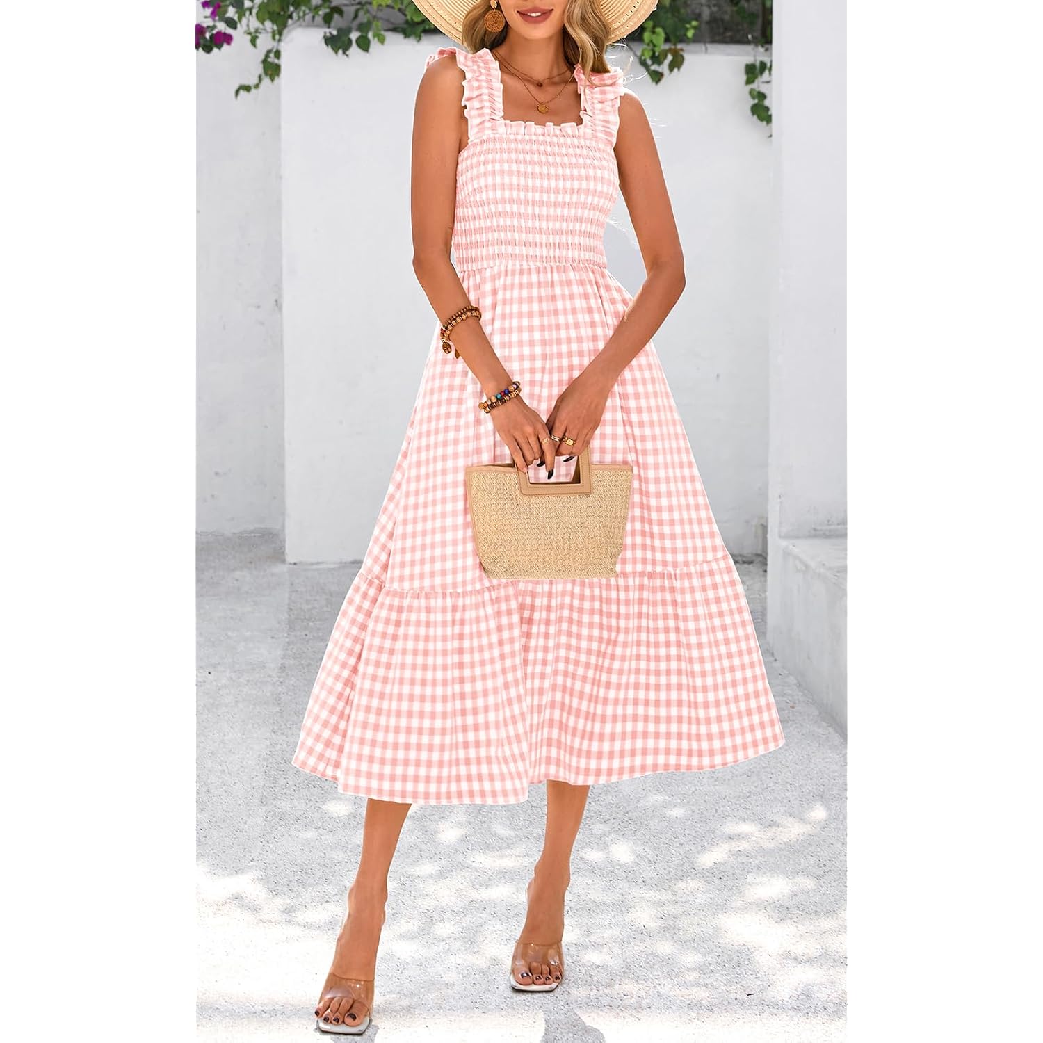 Prettygarden Womens Summer Dress Casual Square Neck Ruffle Strap Gingham Smocked Midi Flowy A Line Beach Vacation Sun Dresses