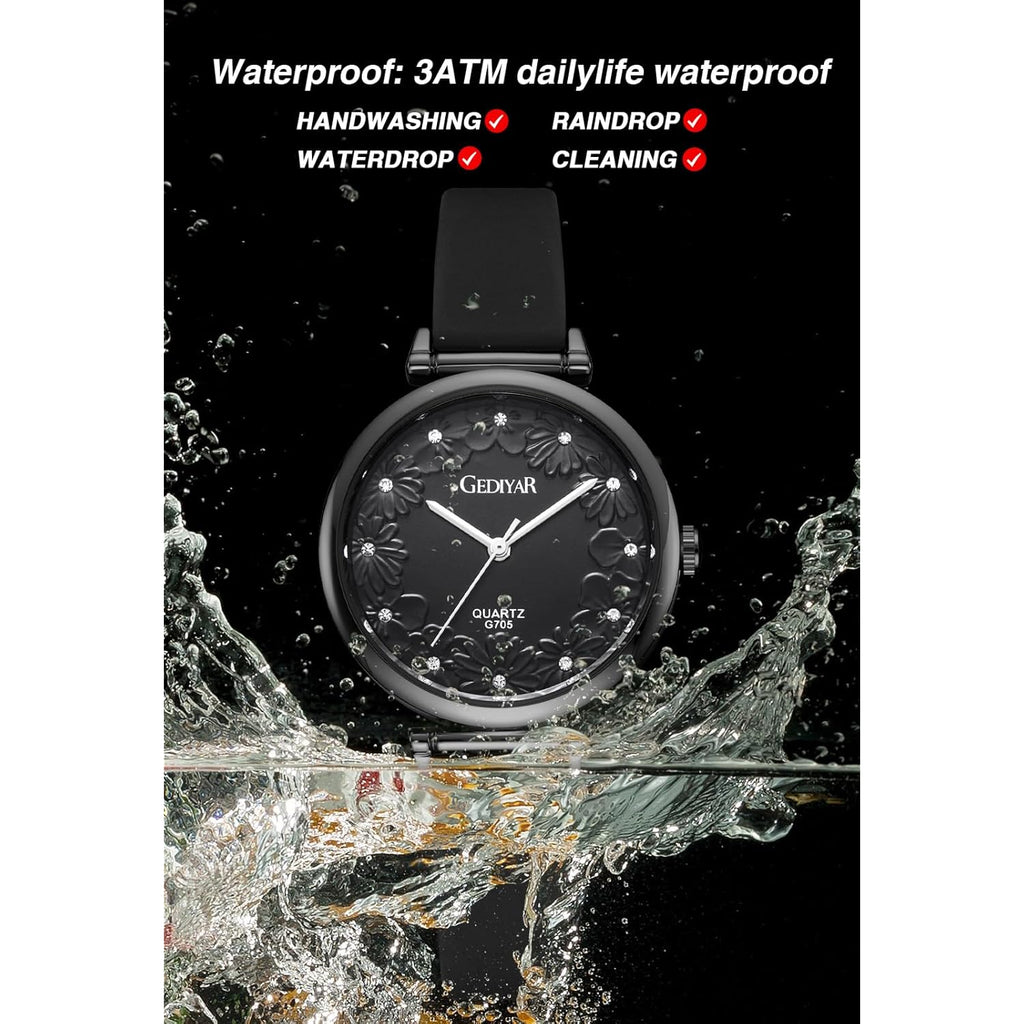 Women's Quartz Watch for Nurses Nursing Students Lady,Floral Pattern Dial with Crystal Markers, Second Hand,Soft Silicone Band