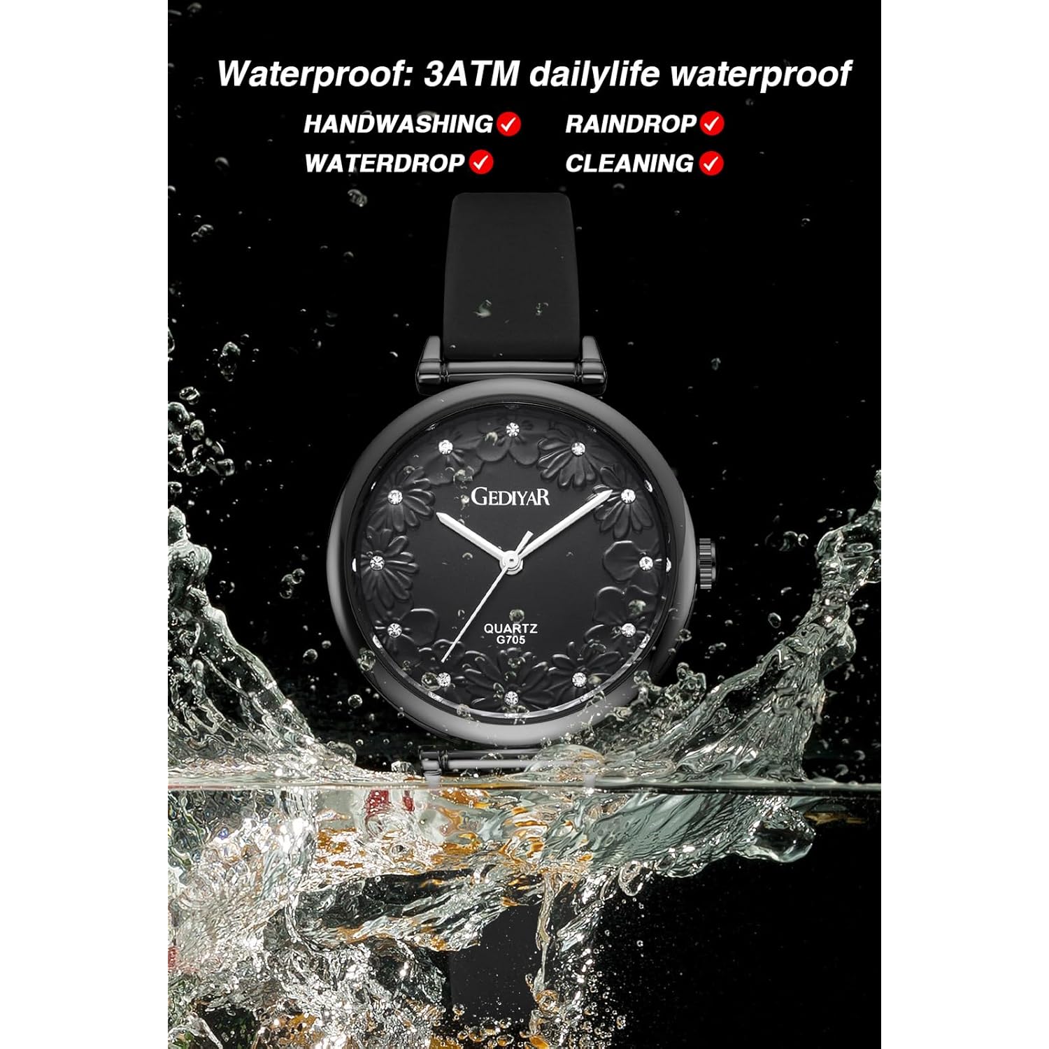 Women's Quartz Watch for Nurses Nursing Students Lady,Floral Pattern Dial with Crystal Markers, Second Hand,Soft Silicone Band
