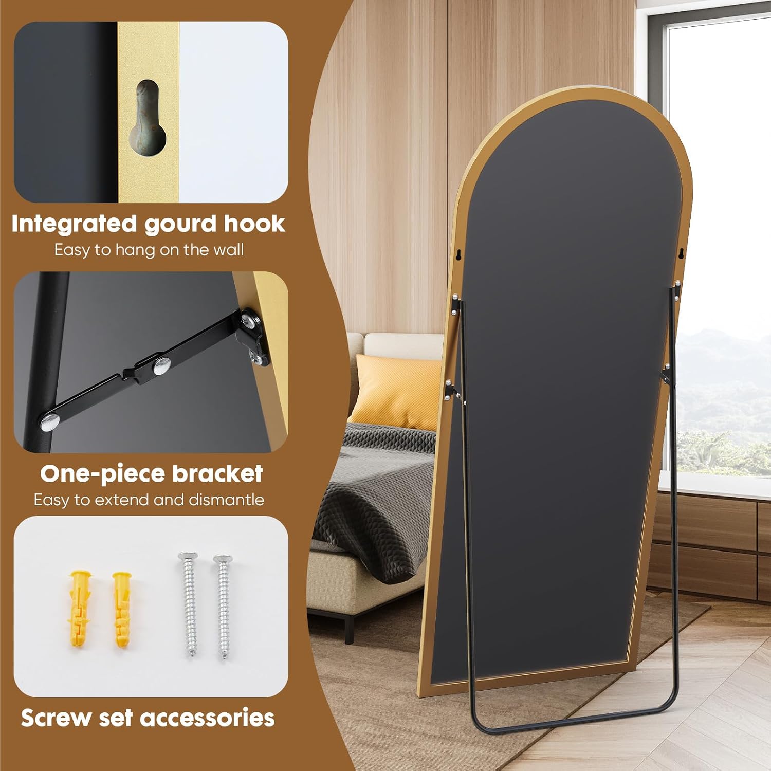 Mirror Full Length, 71 X 26 Inches Floor Mirror With Stand, Xx-Large Arch Gold Mirrors For Bedroom, Dressing Room, Home Decor, Gold
