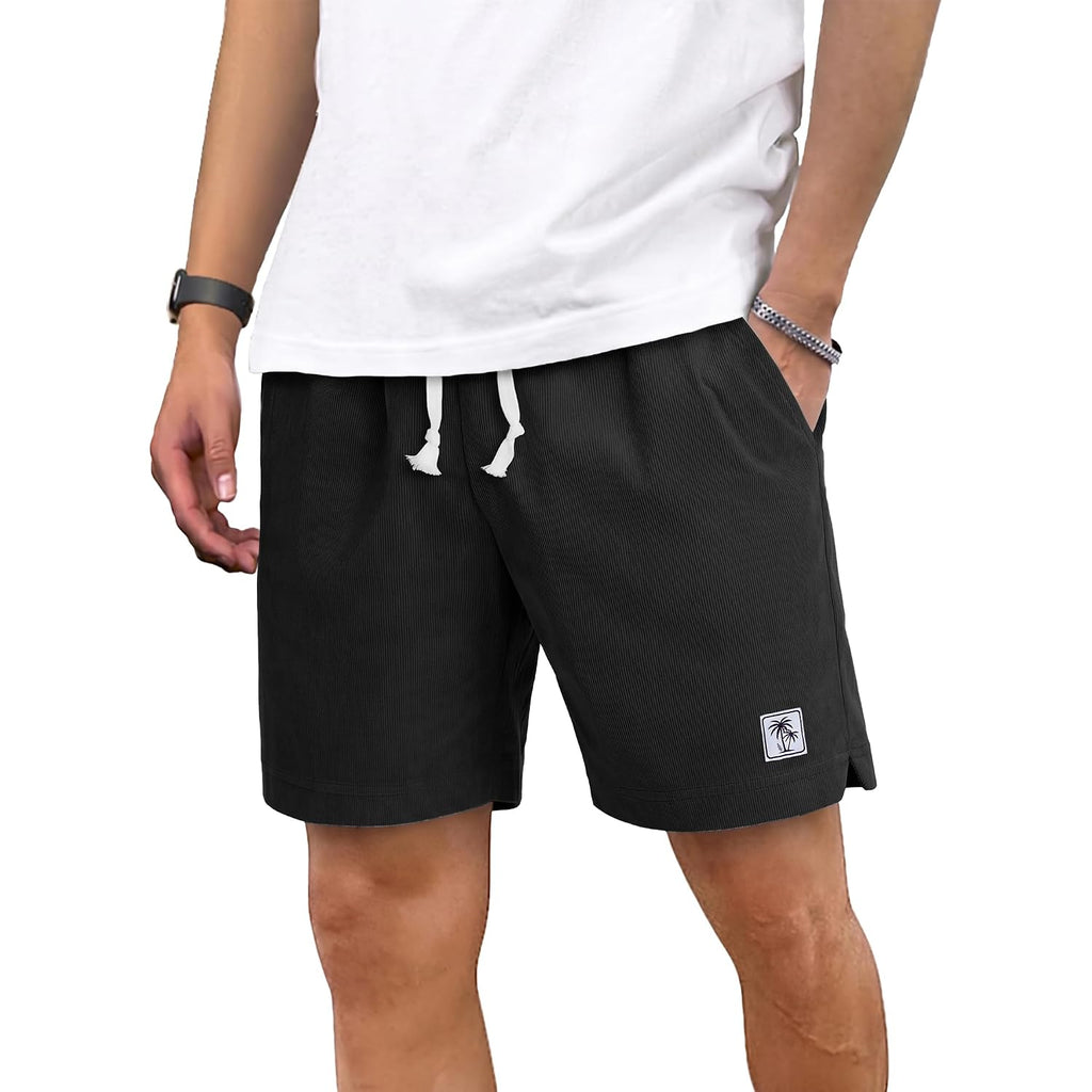 Plepan Mens Corduroy Shorts Casual 7 Inch Elastic Waist Drawstring Lightweight Summer Beach Loose Fit Lounge Shorts