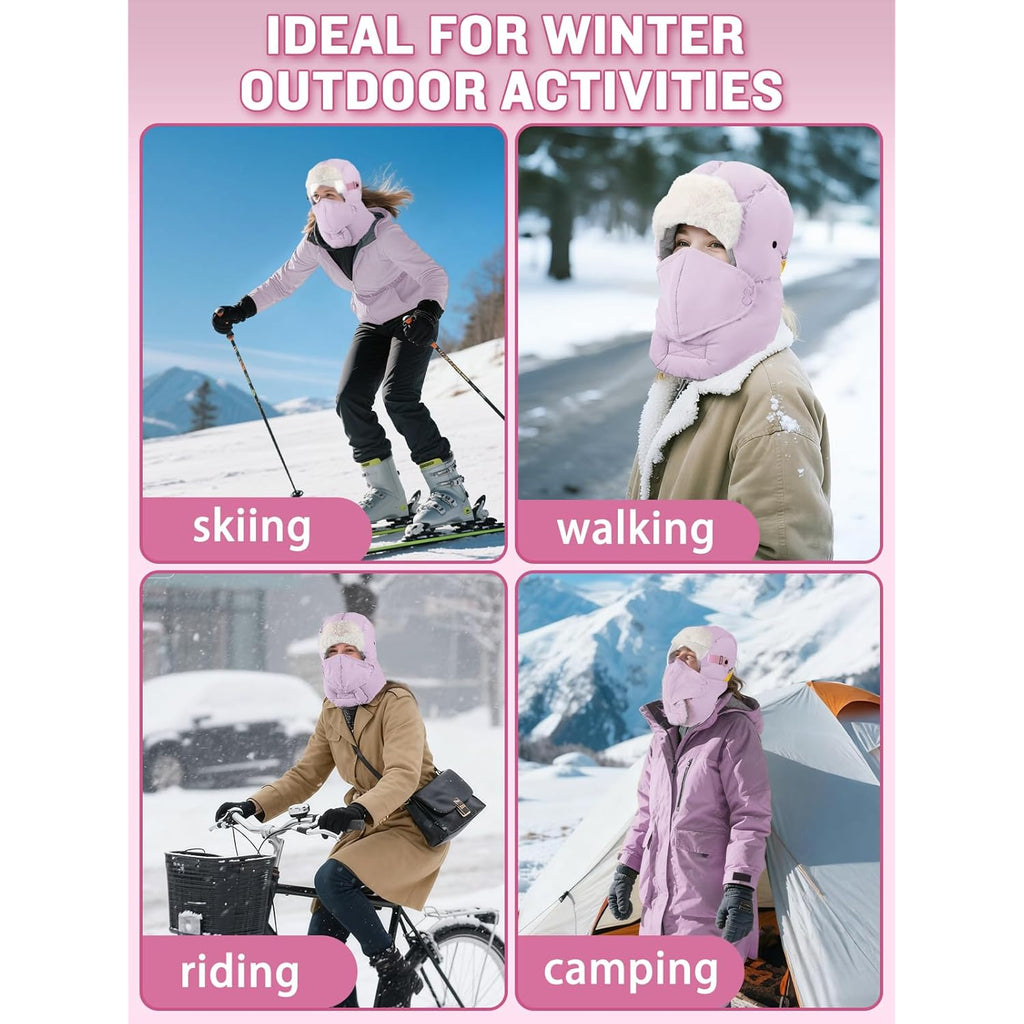 Winter Trapper Hat for Women - Windproof & Waterproof Hat with Removable Mask Goggles Ear Flaps, Purple