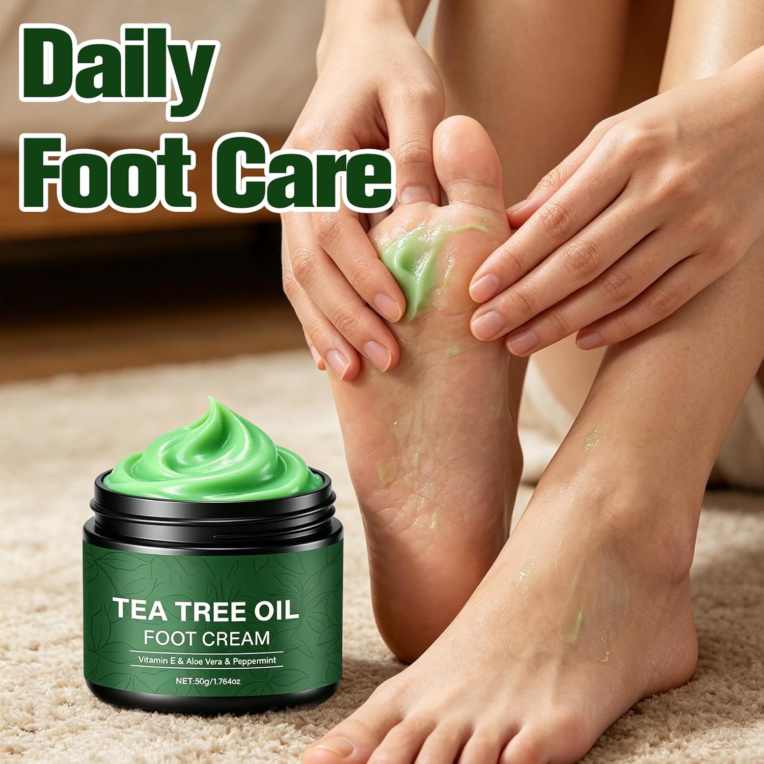 2Pcs Pure Tea Tree Oil Foot Cream with Vitamin E, Aloe Vera & Peppermint, Nourishing & Hydrating, for Dry Cracked Feet, Hands, Heels, Elbow, Nails, and Knees, Smooth Application-50g/1.764oz
