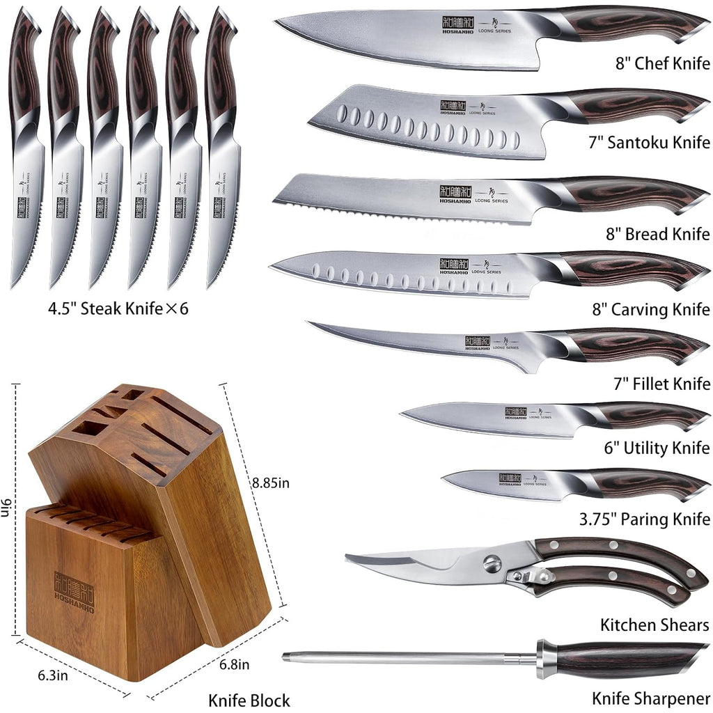 Hoshanho 16-Piece Knife Set, Japanese High Carbon Stainless Steel Kitchen Knife Set, Ultra Sharp Chef Knife Block Set With Sharpener