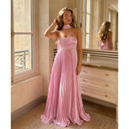 Women Bridesmaid Dress With Scarf Strapless Pleated Satin Flowy Formal Evening Gown Maxi Dresses