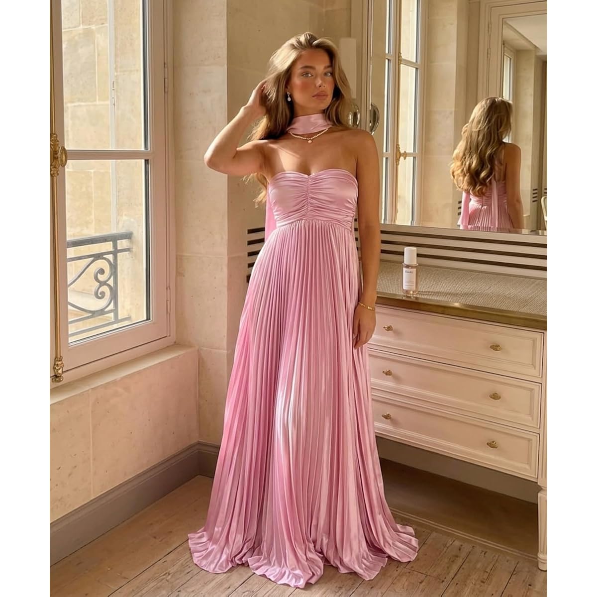 Women Bridesmaid Dress With Scarf Strapless Pleated Satin Flowy Formal Evening Gown Maxi Dresses