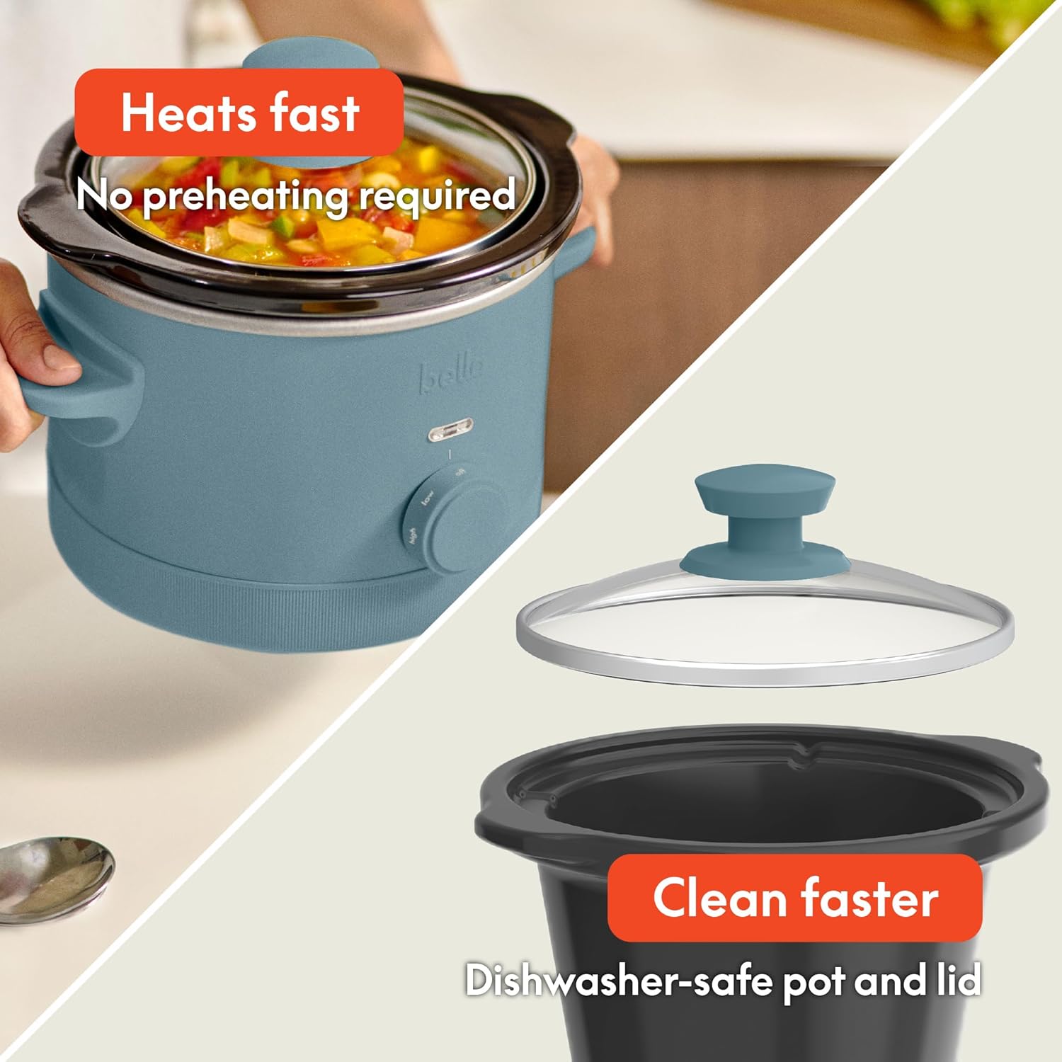 bella 1.5 Qt Slow Cooker with 3 Heat Manual Control, Ceramic Nonstick Coating, Dishwasher Safe Stoneware Pot and Tempered Glass Lid, Tangle Free Cord Wrap & Cool Touch Handles, Surf