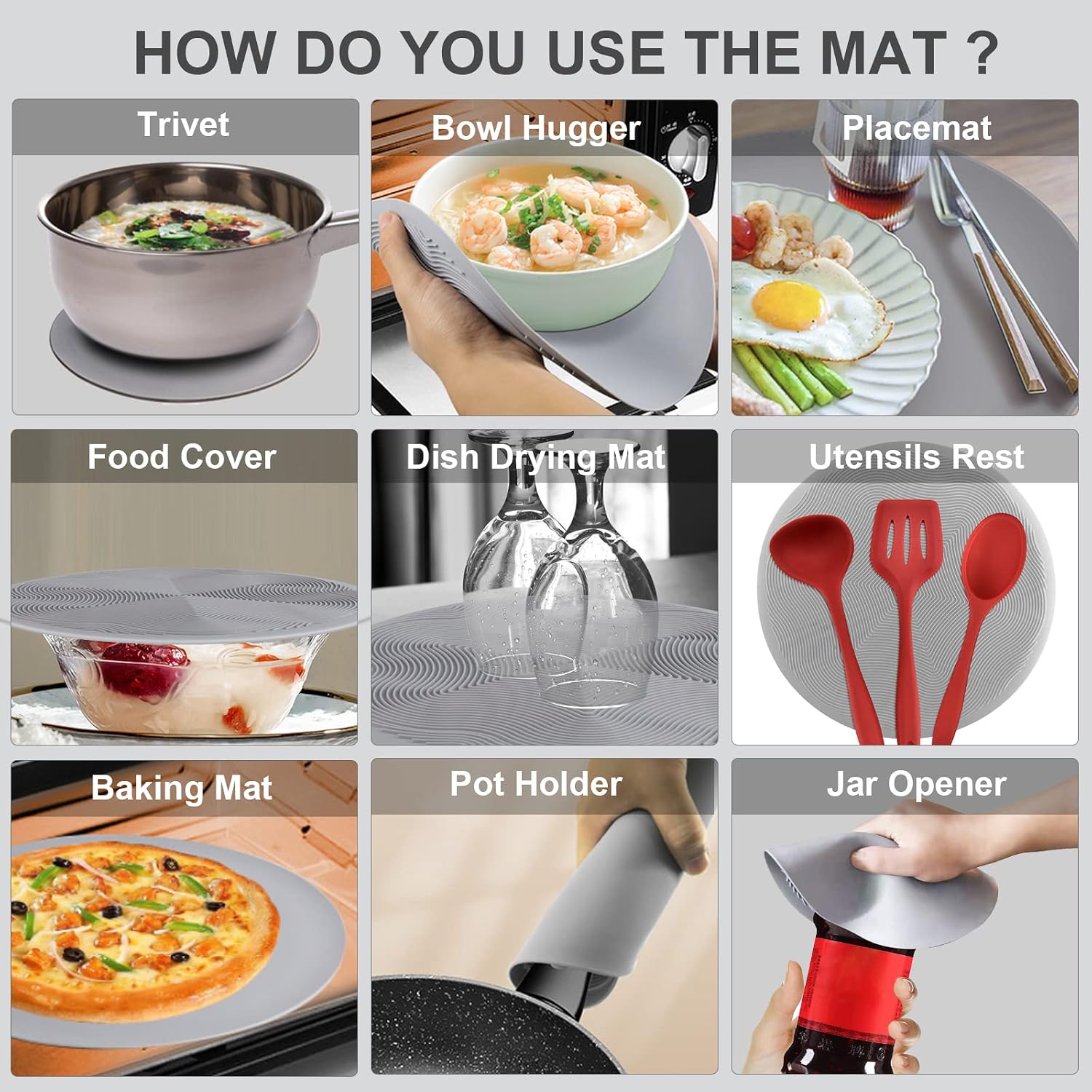 2 In 1, Aidacom Microwave Splatter Cover For Food & Silicone Microwave Mat, Mat As Bowl Holder, Trivet, Pot Holders, Drying, Baking, Utensils Rest For Kitchen Counter, Dishwasher Safe, Grey