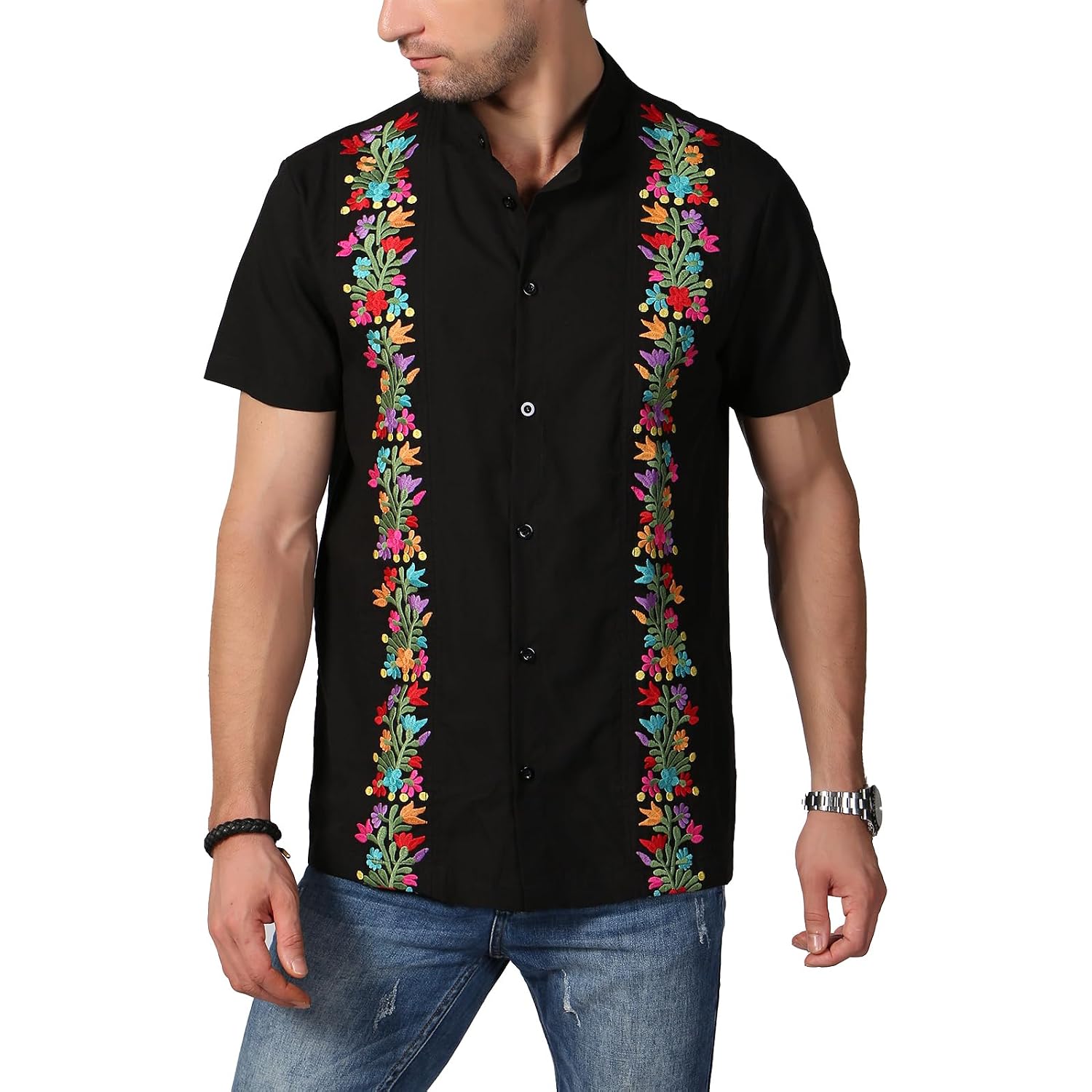 Mexican Shirts For Men Traditional Men'S Guayabera Dress Shirts Mens Button Up Band Collar Dress Shirt Fiesta