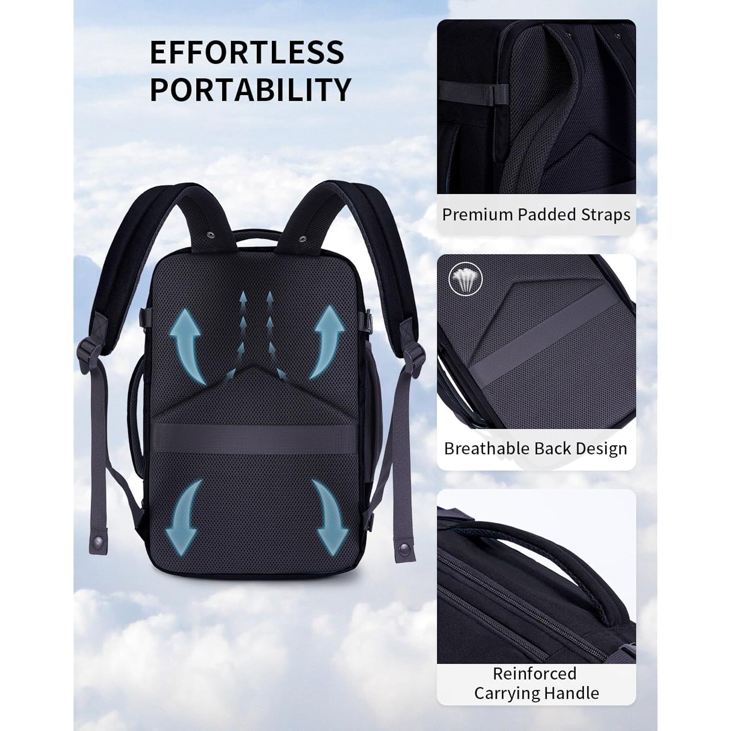 Ecohub 17" Small Travel Backpack, United Airlines Personal Item Bag 17X10X9 With 16 Pockets, Water Resistant Rucksacks Fit 15.6" Laptop, Airtag Pocket, Lightweight Casual Daypack, 25L, Black
