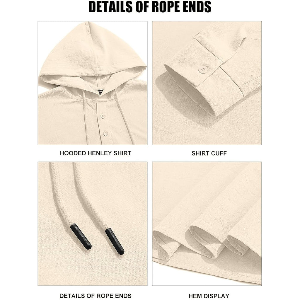 Men'S Cotton Linen Hoodies Casual Hooded Long Sleeve Button Down Shirts Lightweight Casual Hawaiian Beach Sweatshirts