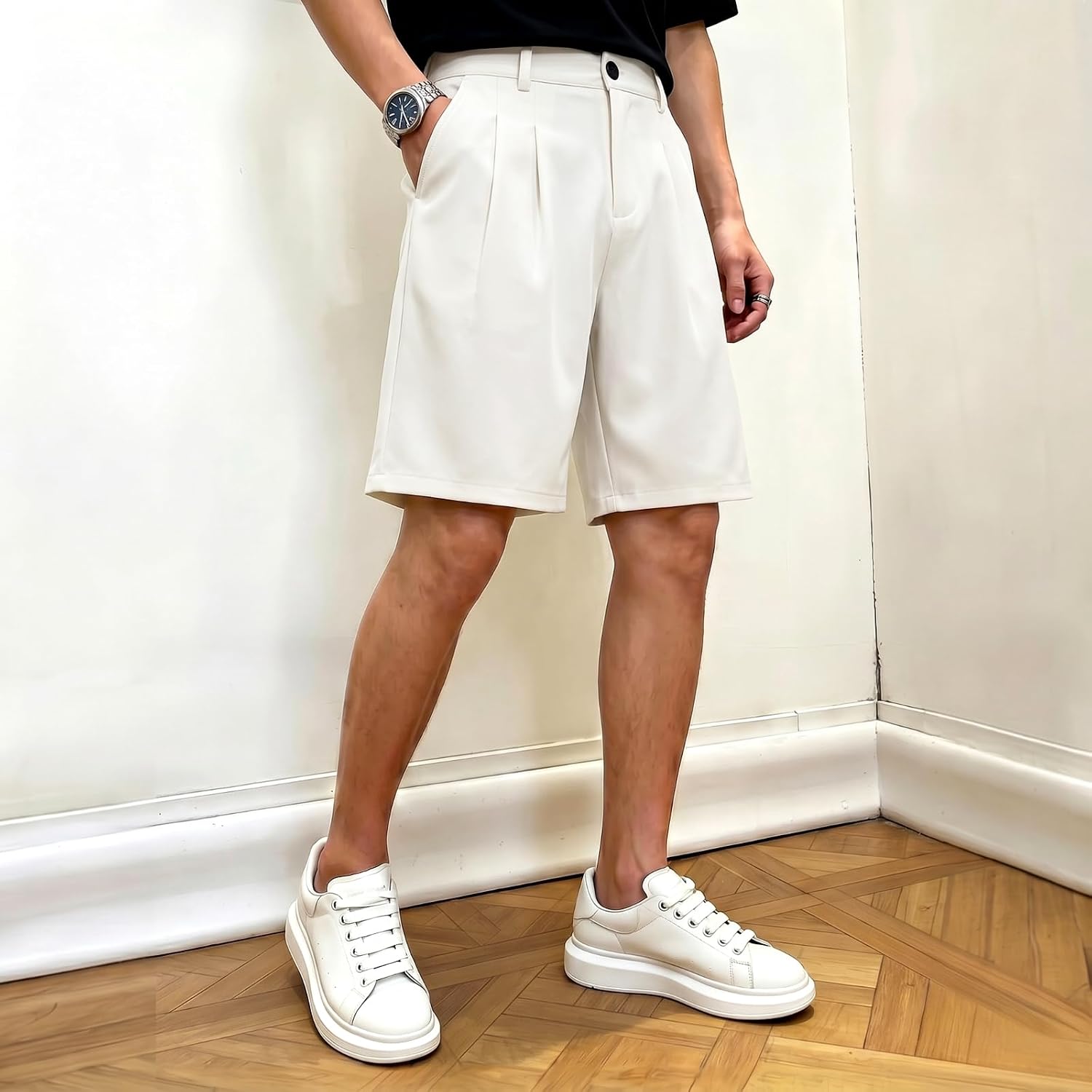 Heyfanee Mens Baggy Pleated Dress Shorts Elastic Waist 9 Inch | Chino Bermuda Shorts,Loose Fit ,Knee Length,Stretch Waistband,Wide Leg,Perfect For Golf Business Casual Summer