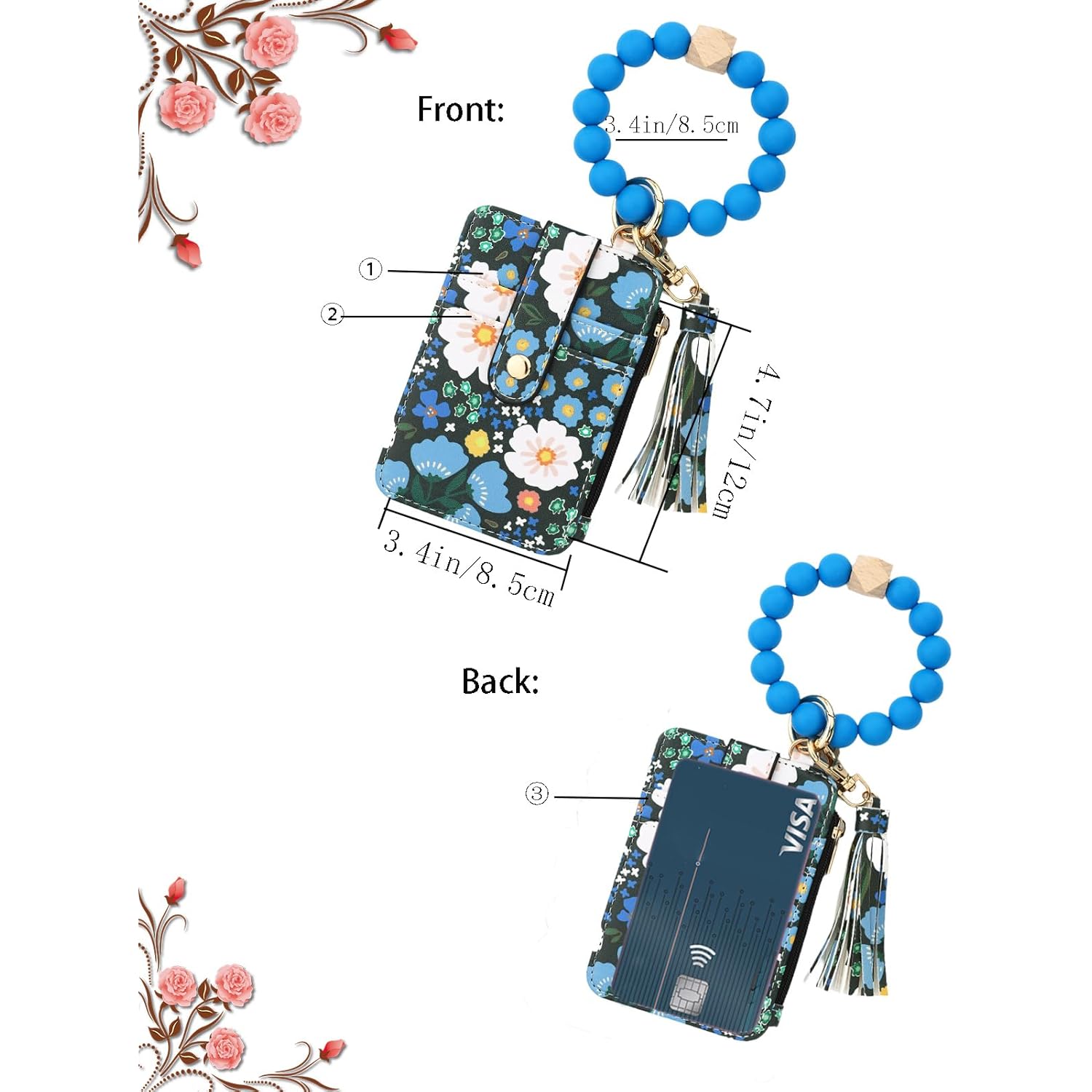 Flower Keychain Wristlet Wallets for Women Cute Silicone Beaded Credit Card Holder Aesthetic Key Ring Bracelet Leopard Wallet (Blue)