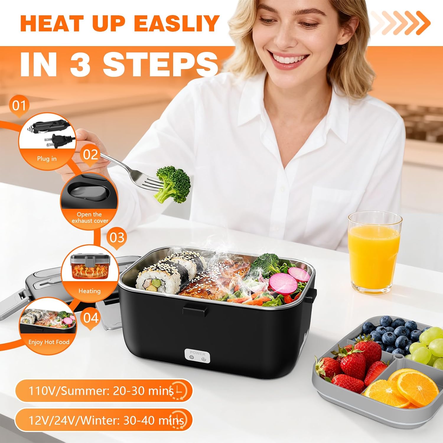 Electric Lunch Box For Adults, 2.8L Double Layer 100W Fast Heated Lunch Box, Heating Food Heater Warmer For Home Office Car Truck Use, Extra Large Lonchera Electrica Portátil 12/24V/110-230V, Black