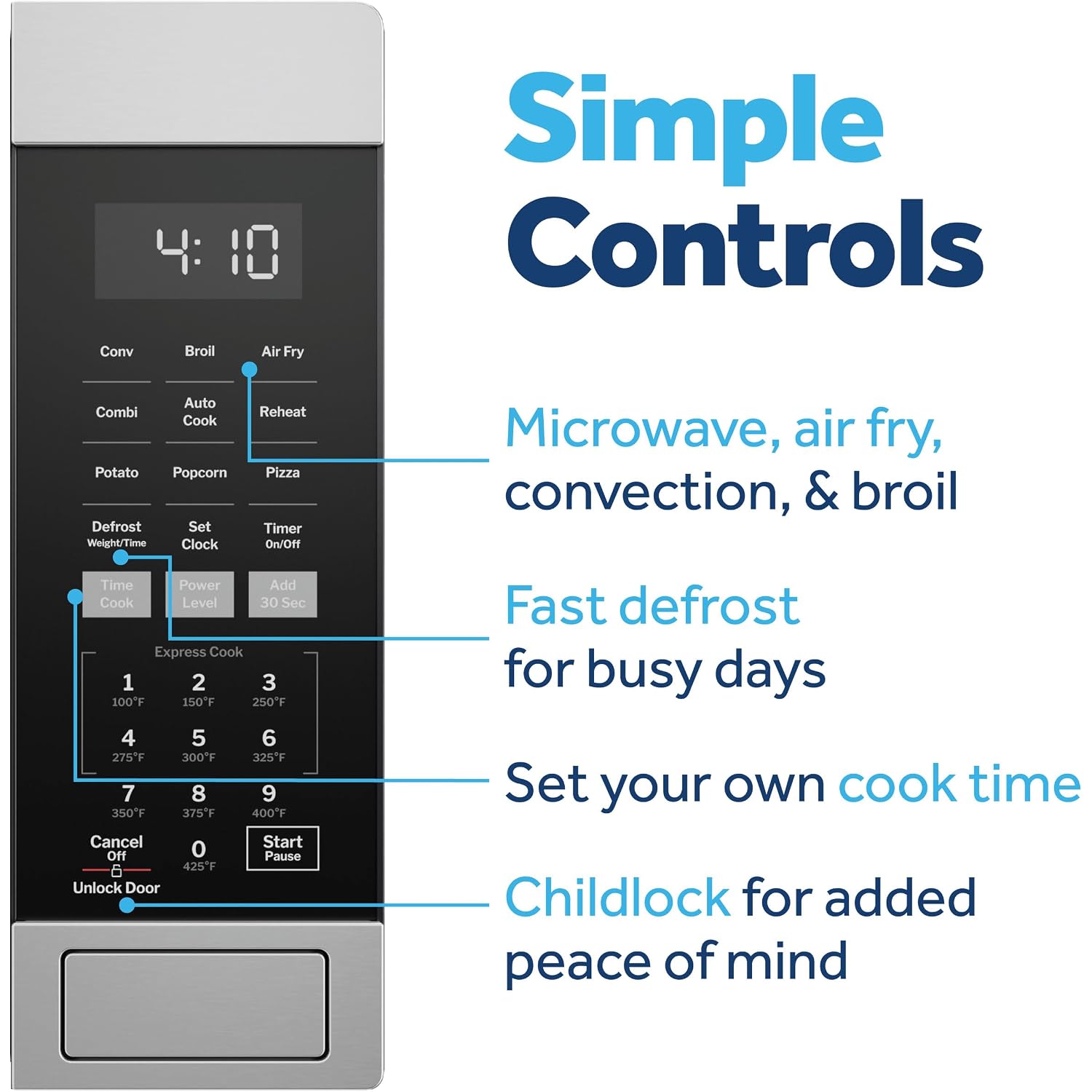 Ge 4-In-1 Air Fry Countertop Microwave Oven, 1050 Watt, 1.0 Cu. Ft. | Stainless Steel, Combines Microwave, Air Fry, Convection, And Broil, Child Lock Technology, 4 Convenience Cook Settings