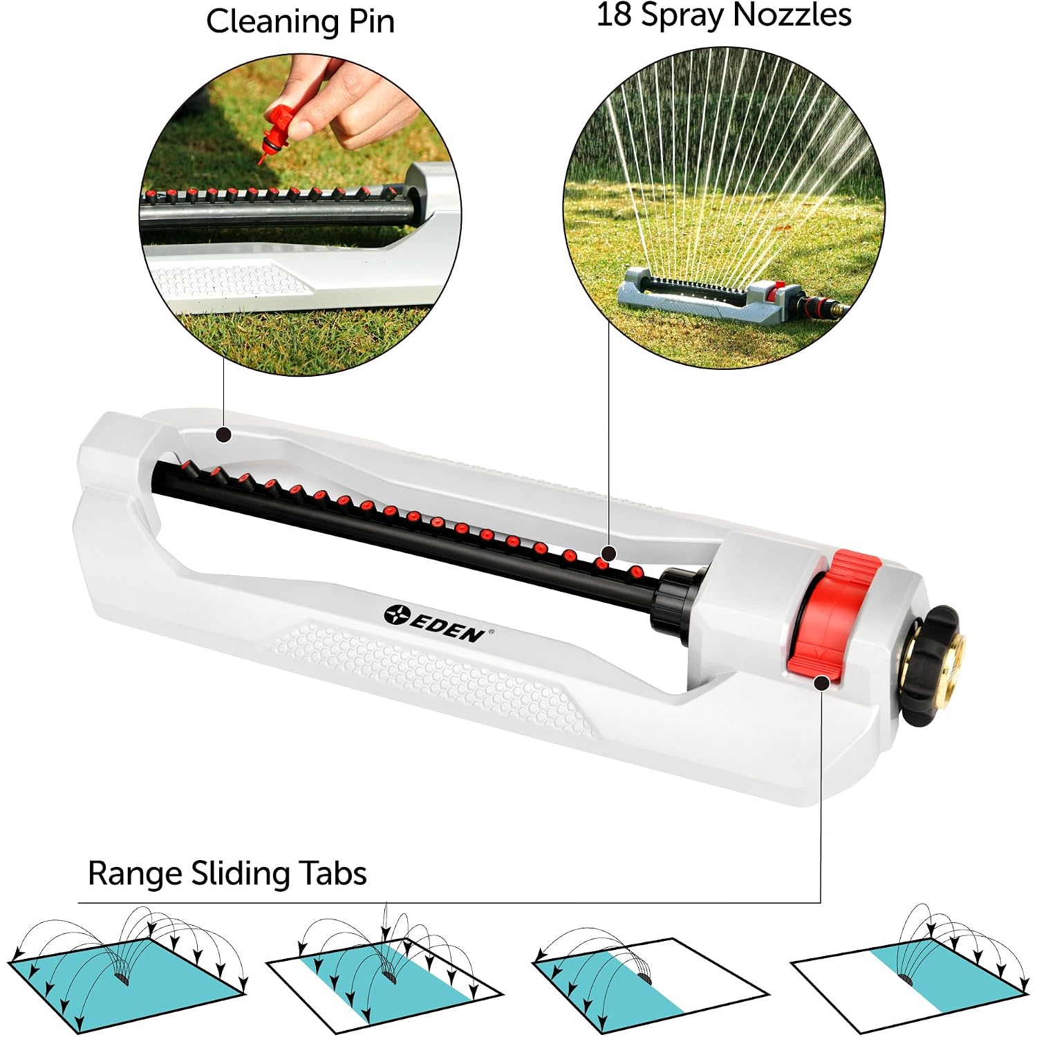 Eden 94110 Heavy-Duty Metal Oscillating Sprinkler | Covers Up To 3,315 Sq. Ft., 18 Precision Nozzles, Adjustable Range, Turbo Drive Motor, Quick Connect Bundle