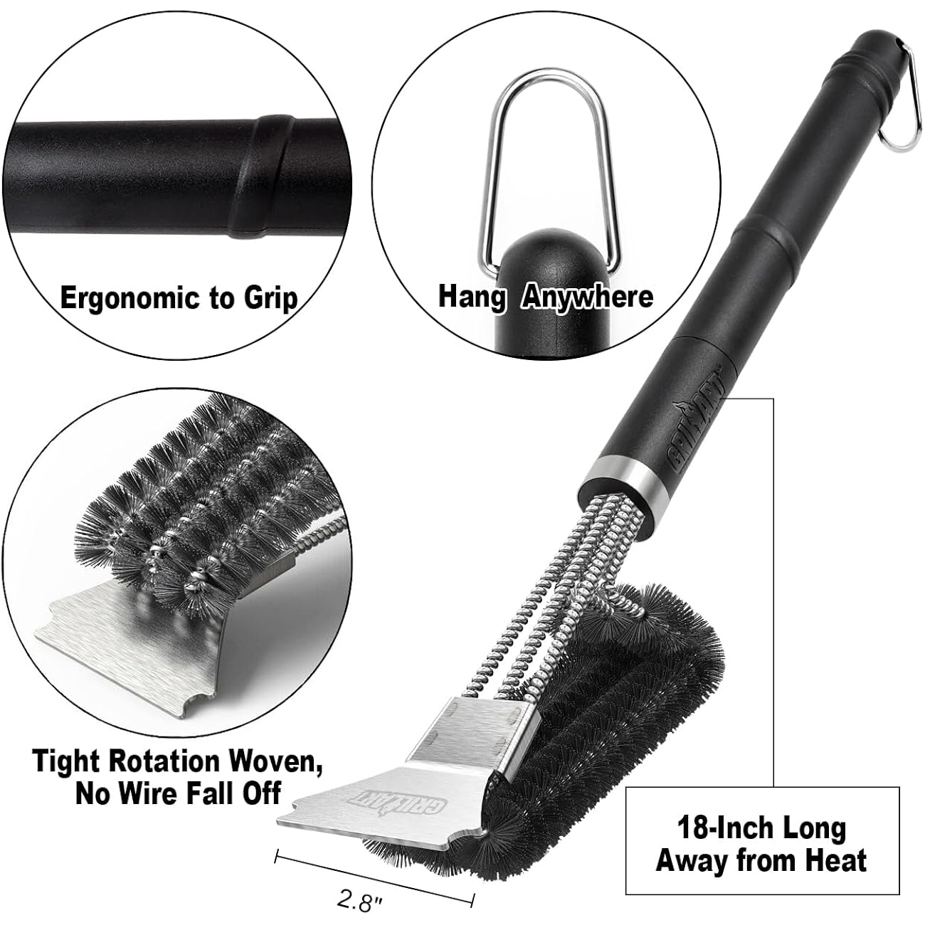 Grillart Grill Brush And Scraper Bbq Brush For Grill, Safe 18" Stainless Steel Woven Wire 3 In 1 Bristles Grill Cleaning Brush, Br-4516