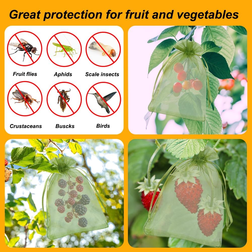 100Pcs Fruit Protection Bags, 4X6 Inch Green Strawberry Netting Cover Drawstring Mesh Bags Pest Barrier For Blueberry Small Fruit