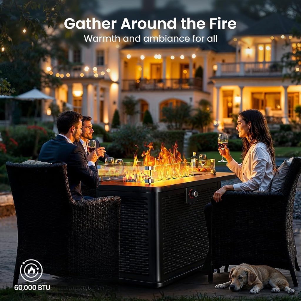 43-Inch Rectangular Propane Fire Pit With 60,000 Btu Output, Fire Pit Table Premium Gas For Outside Patio With 304 Stainless Steel H-Burner, Glass Stones, And Wind Guard,Black