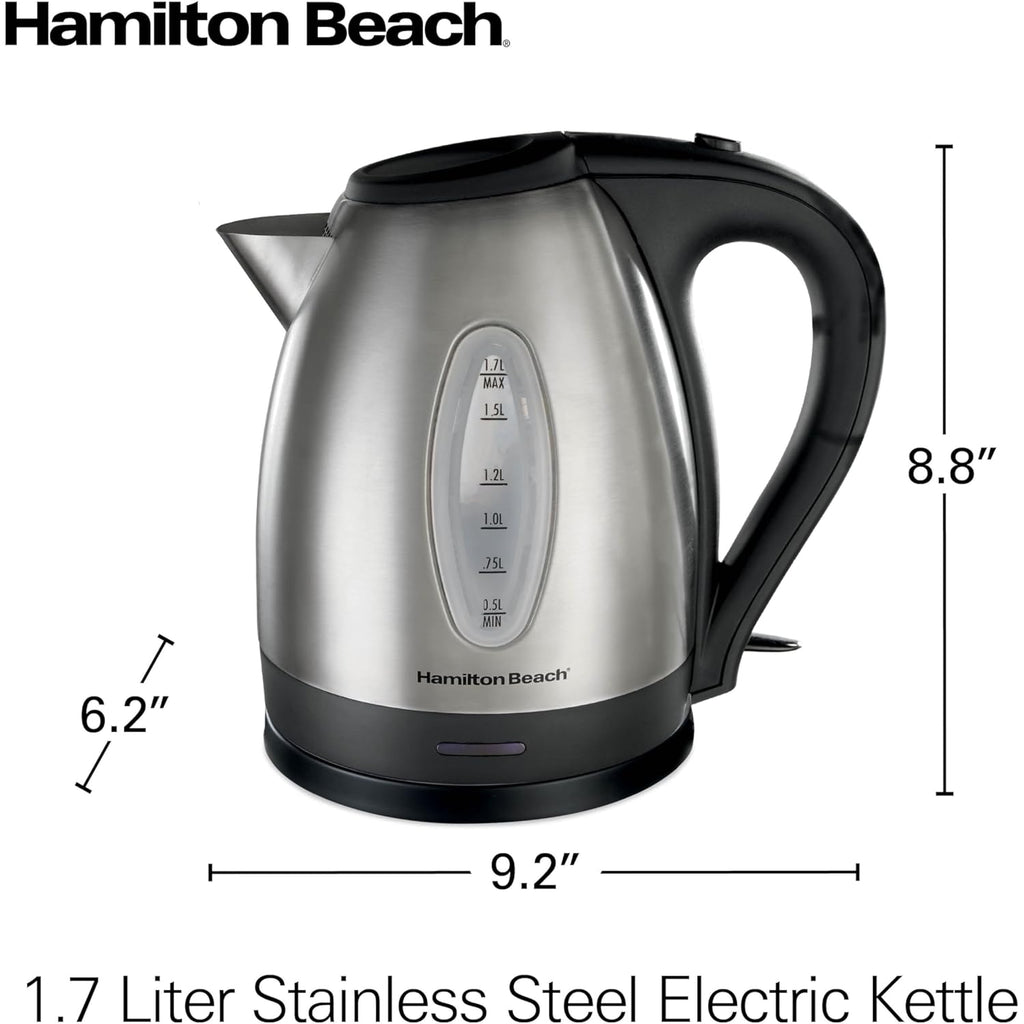 Hamilton Beach Electric Tea Kettle, Water Boiler & Heater, 1.7 Liter, Cordless Serving, 1500 Watts for Fast Boiling, Auto-Shutoff and Boil-Dry Protection, Stainless Steel (40880)