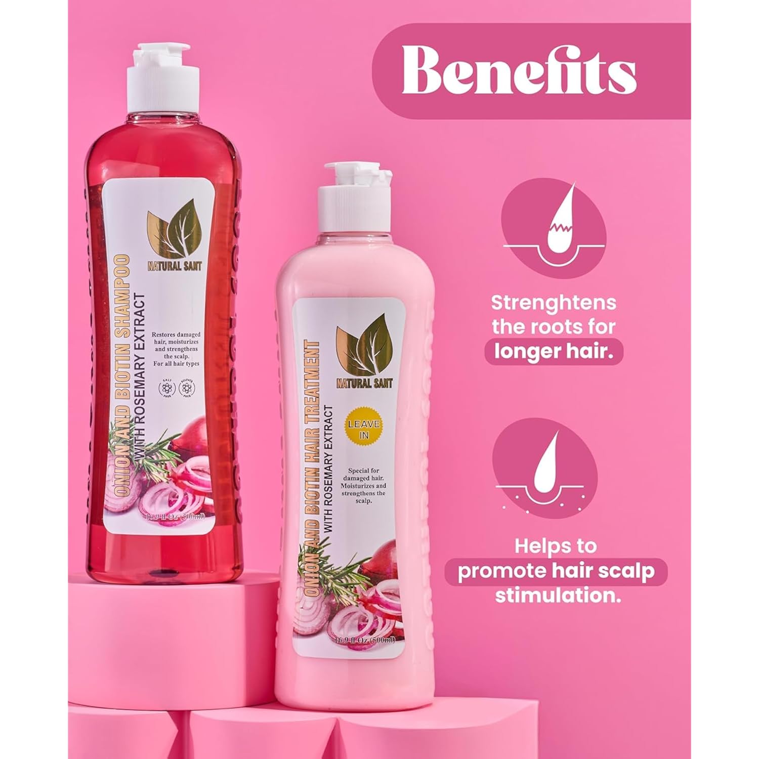 NATURAL SANT - Onion Biotin and Rosemary Shampoo & Treatment Set for Stronger, Thicker and Longer Hair - Soft and Shine, Hair Loss and Thinning, Growth Shampoo, Paraben Free, Silicone Free