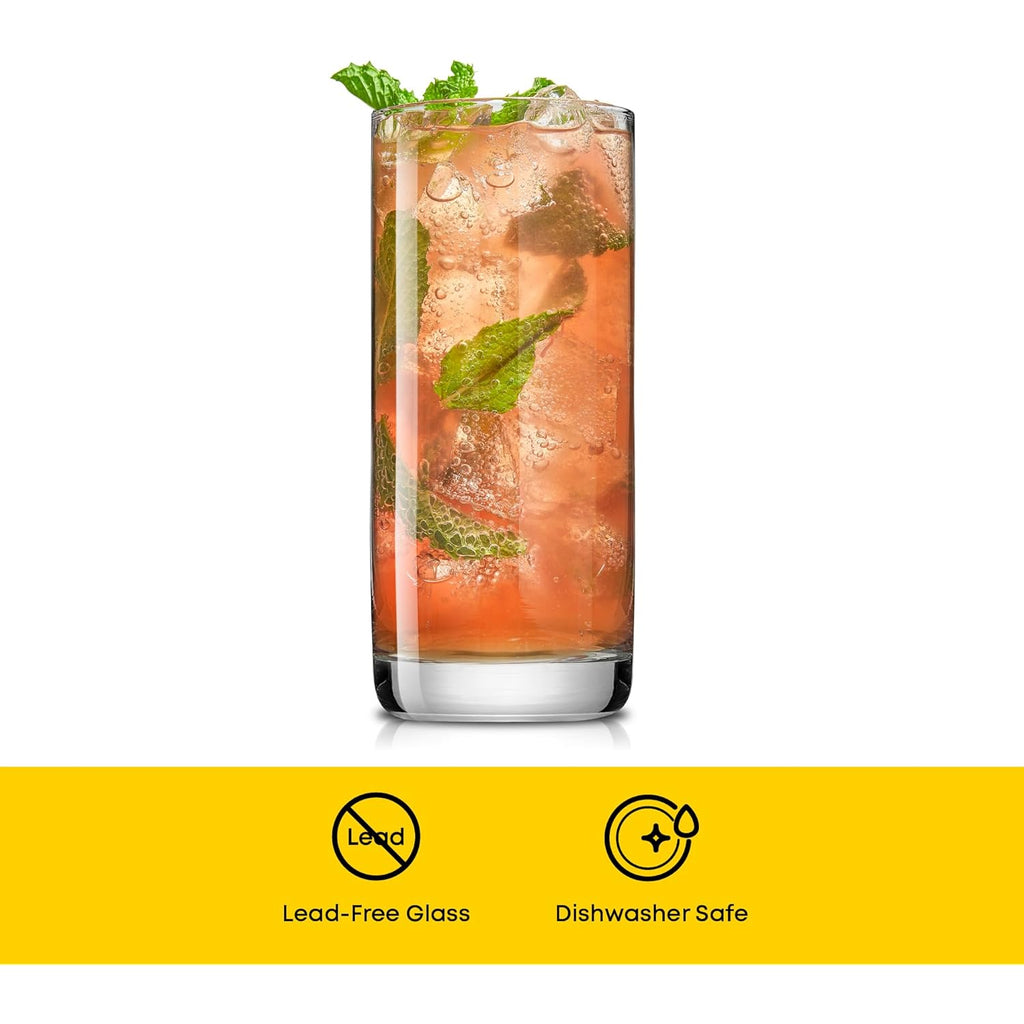 JoyJolt Faye 13oz Highball Glasses, 6pc Tall Glass Sets. Lead-Free Crystal Drinking Glasses. Water Glasses, Mojito Glass Cups, Tom Collins Bar Glassware, and Mixed Drink Cocktail Glass Set