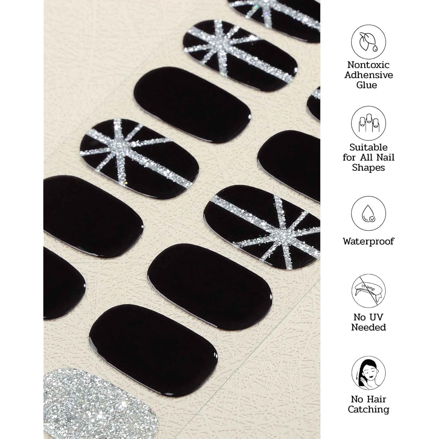 Nail Polish Strips (No UV Lamp Needed) - 22 Pcs Salon Quality Gel Nail Stickers - Long Lasting Wraps (Saint Black Glitter)