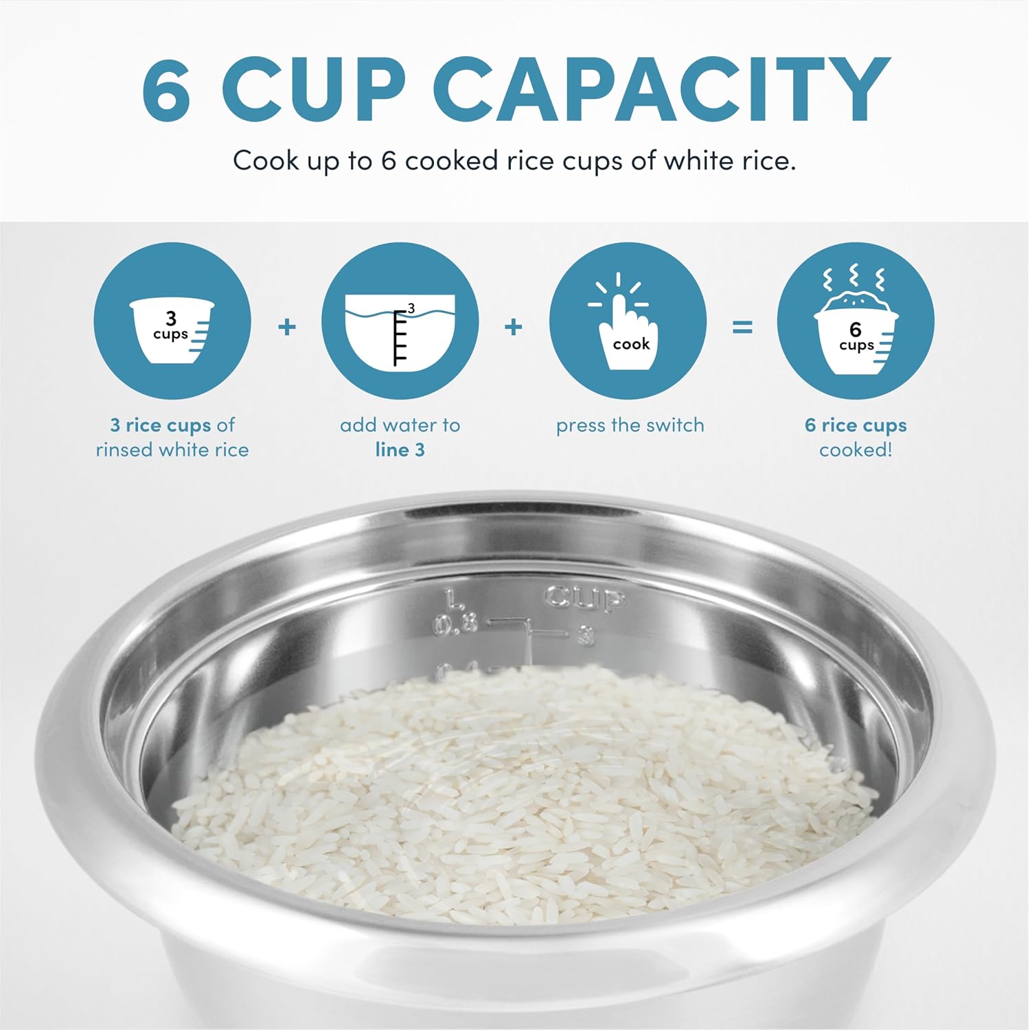 Aroma Housewares 6-Cup (Cooked Yield ) / 1.2Qt. Select Stainless Pot-Style Rice Cooker, & Food Steamer, One-Touch Operation, White