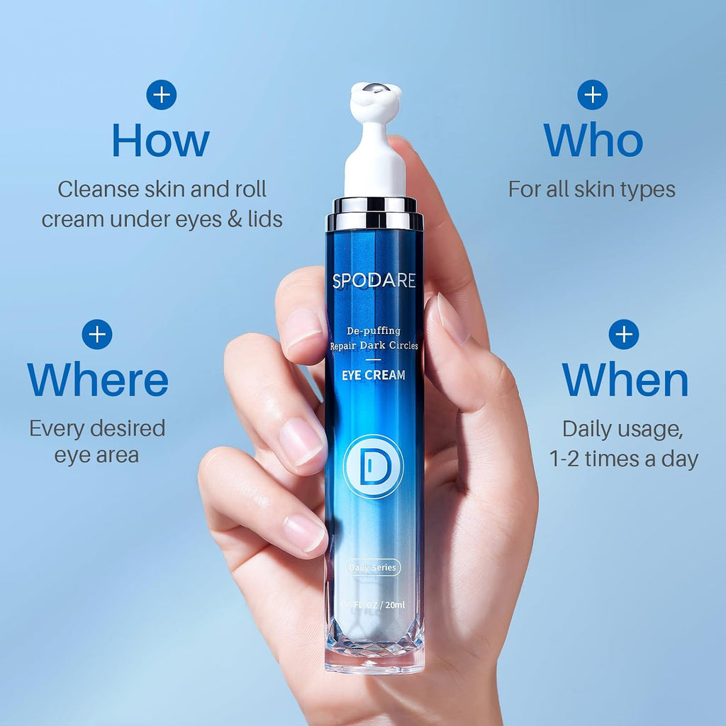 Spodare Under Eye Cream For Dark Circles And Puffiness, Caffeine Retinol Formula With 360 Degree Cooling Massage Ball, Peptides And Squalane For Eye Bags, Fine Lines And Wrinkles, 0.7 Fl Oz