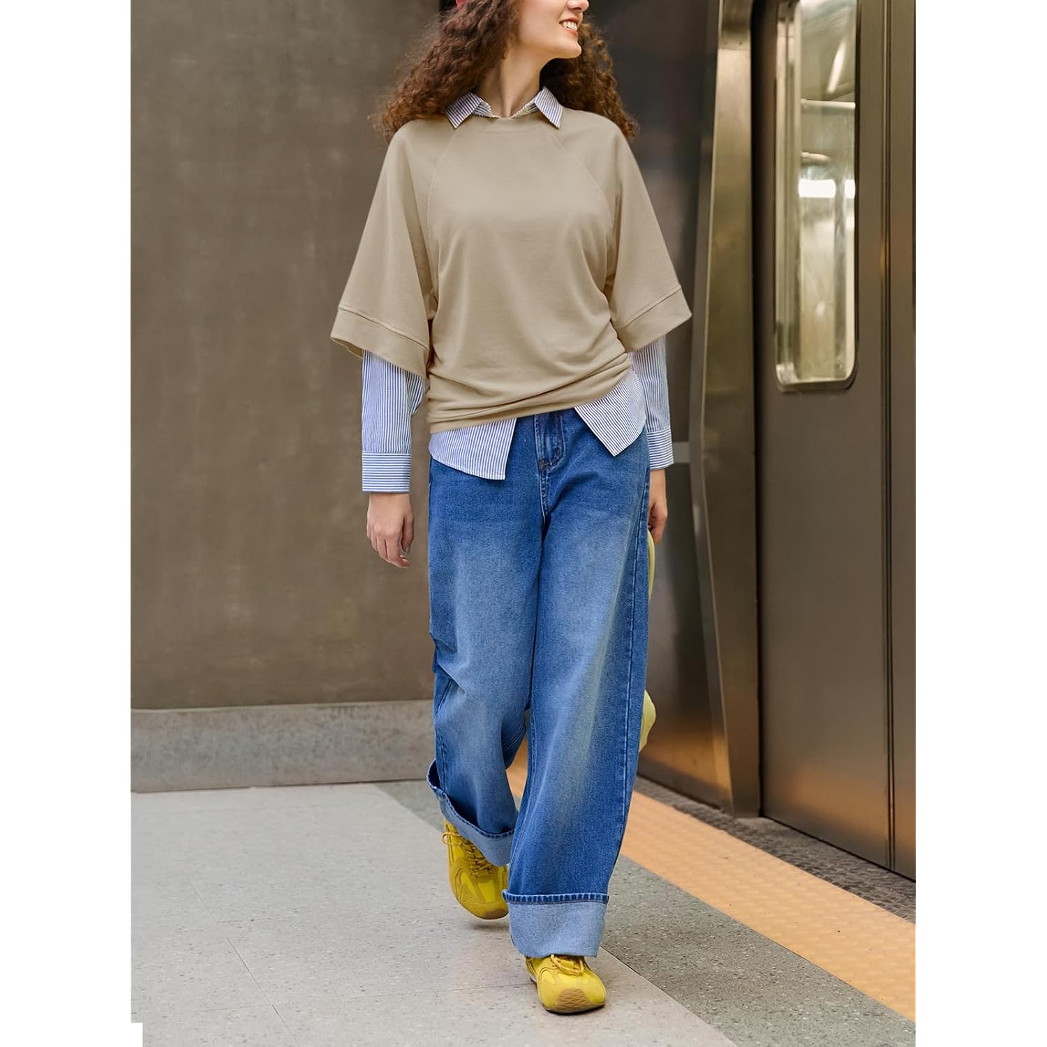 Tankaneo Womens Oversized Half Sleeve T-Shirts Crew Neck Boxy Basic Tees Tops Summer Casual Loose Fit Tunic Shirts