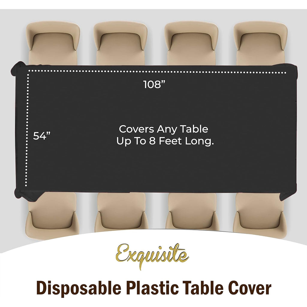 Black Plastic Tablecloth 12 Pack 54" x 108" Disposable Rectangle Table Cover for 6 to 8 Foot, Waterproof & Sturdy, for Party, Wedding, Birthday, Picnic, Indoor Outdoor - Exquisite, Black