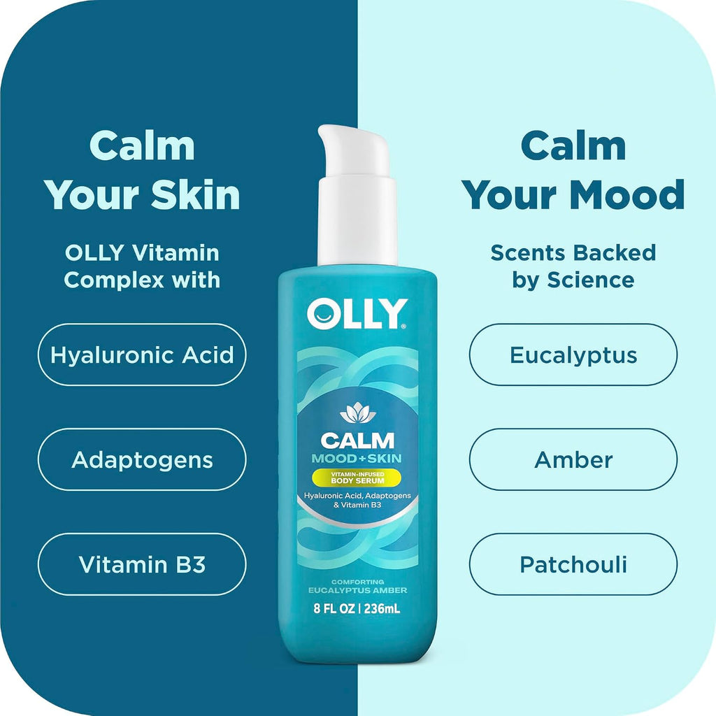 Olly Calm Body Lotion-Serum With Hyaluronic Acid, Adaptogens & Vitamin B3– Nourishing Cleanser For Skin Barrier Repair, Deep Hydration, Eucalyptus Amber Scent, 8Oz
