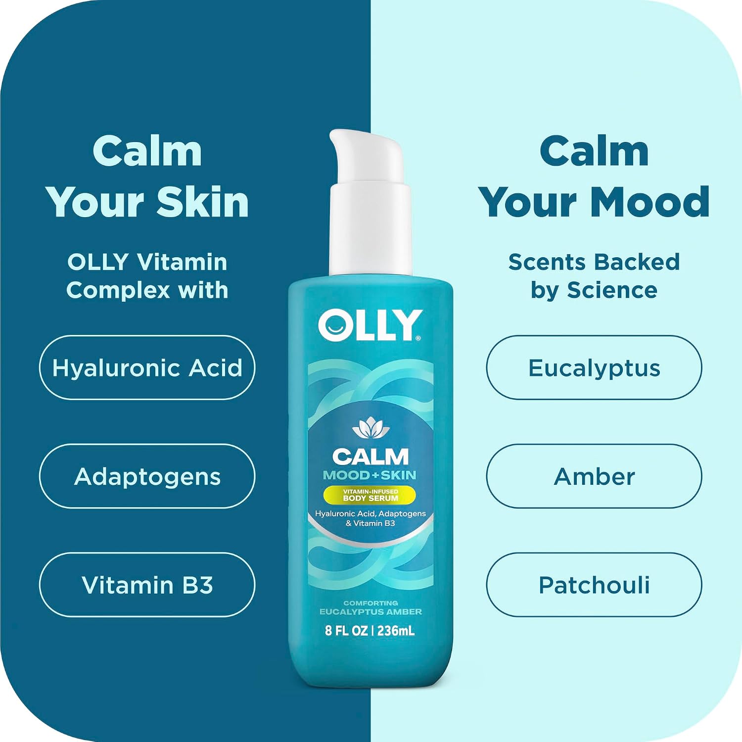 Olly Calm Body Lotion-Serum With Hyaluronic Acid, Adaptogens & Vitamin B3– Nourishing Cleanser For Skin Barrier Repair, Deep Hydration, Eucalyptus Amber Scent, 8Oz