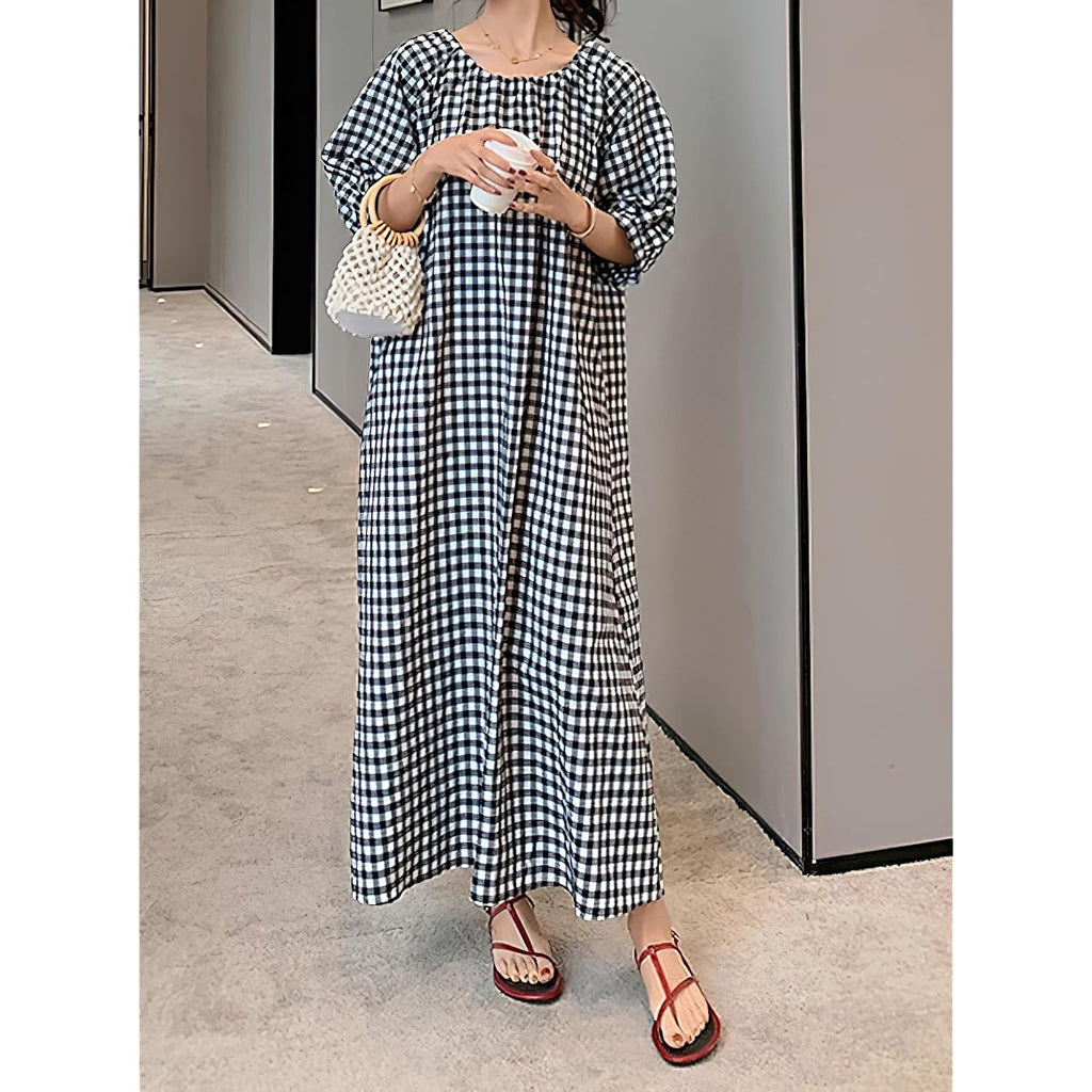 Chouyatou Women'S Casual Gingham Loose-Fit Swing Dress Cotton Lantern Puff Sleeve Plaid Midi Long Dress