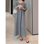 Chouyatou Women'S Casual Gingham Loose-Fit Swing Dress Cotton Lantern Puff Sleeve Plaid Midi Long Dress