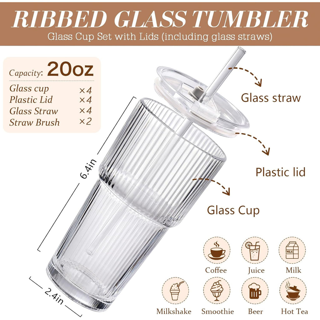 Iced Coffee Cups with Lids: Coffee Bar Accessories - Ribbed Glass Tumbler with Straw and Lid 4Pcs - 20oz Leak Proof Tumbler - Reusable Glass Cups and Tumblers with Lid and Straws for To Go Iced Coffee