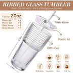 Iced Coffee Cups with Lids: Coffee Bar Accessories - Ribbed Glass Tumbler with Straw and Lid 4Pcs - 20oz Leak Proof Tumbler - Reusable Glass Cups and Tumblers with Lid and Straws for To Go Iced Coffee