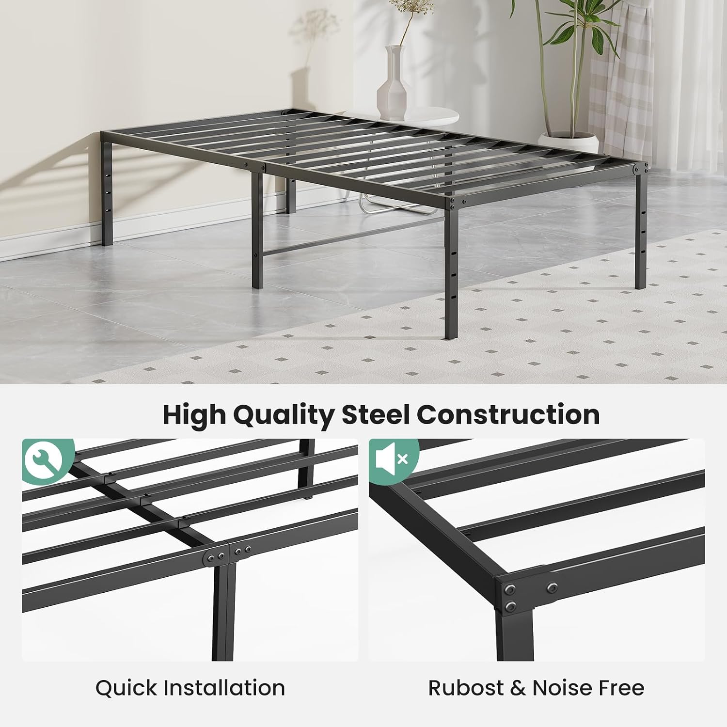 Sweetcrispy Twin Size 18 Inch Platform Bed Frame, Heavy Duty Metal Foundation Frame, Noise-Free Sturdy Steel Slats, Underbed Storage, No Box Spring Needed, Quick Setup