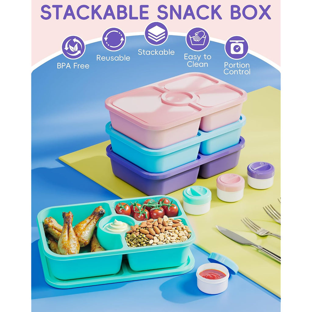 Canfanni 4 Pcs Bento Snack Box Containers, 4 Compartment Divided Stackable Food Storage Containers With Lids, Meal Prep Lunch Container With Sauce Cups
