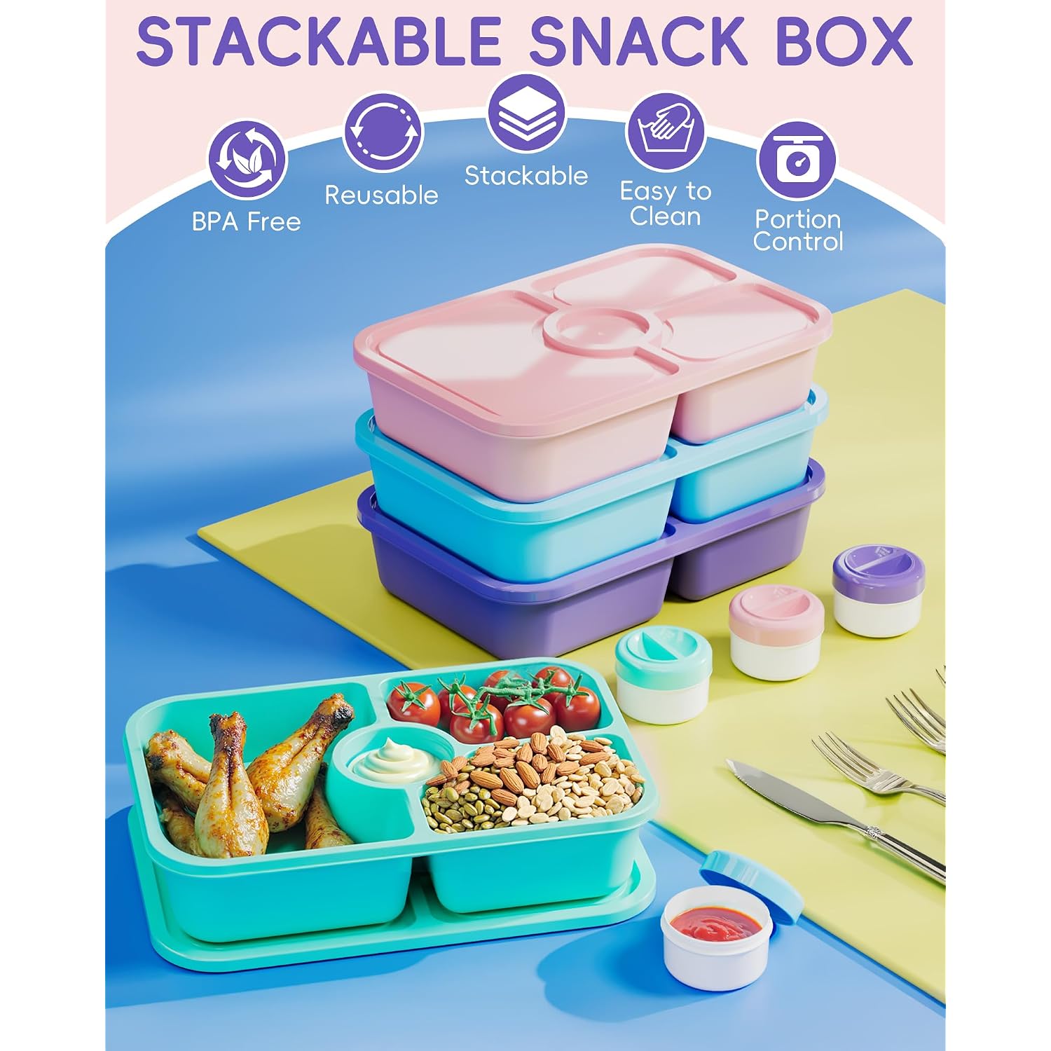 Canfanni 4 Pcs Bento Snack Box Containers, 4 Compartment Divided Stackable Food Storage Containers With Lids, Meal Prep Lunch Container With Sauce Cups
