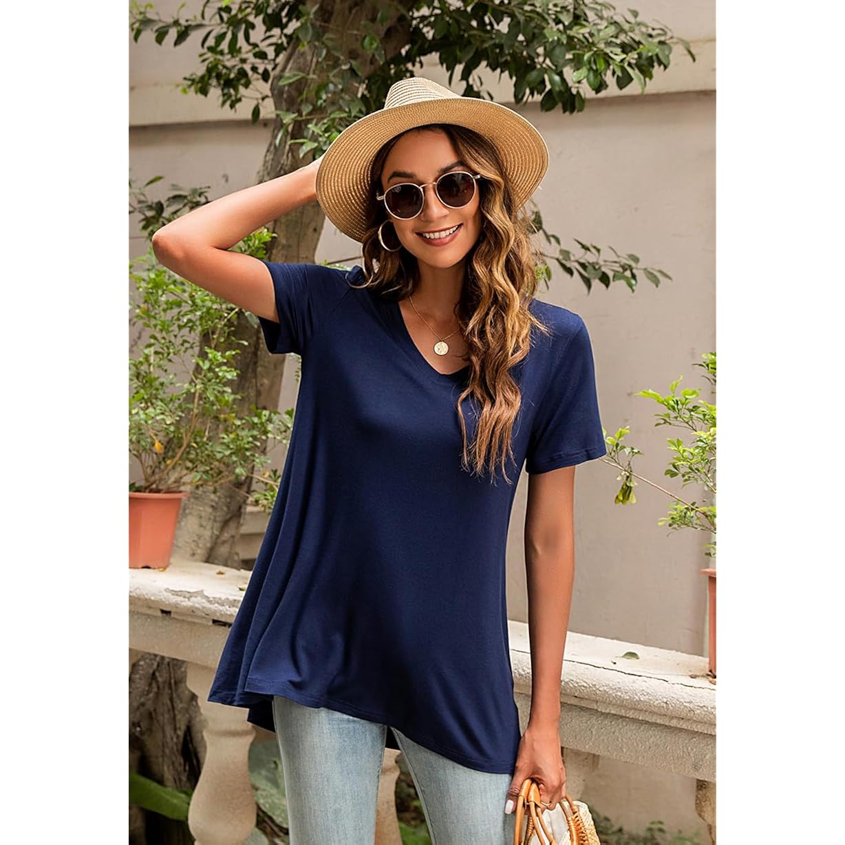 Women's long Tunic Tops to Wear with Leggings Summer Short Sleeve Loose Fit Dressy Shirts M-5XL