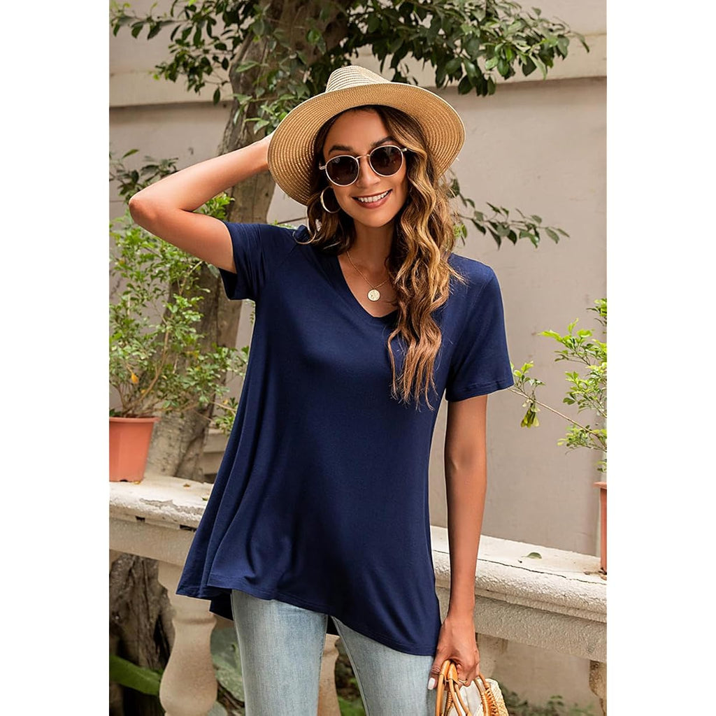 Women's long Tunic Tops to Wear with Leggings Summer Short Sleeve Loose Fit Dressy Shirts M-5XL