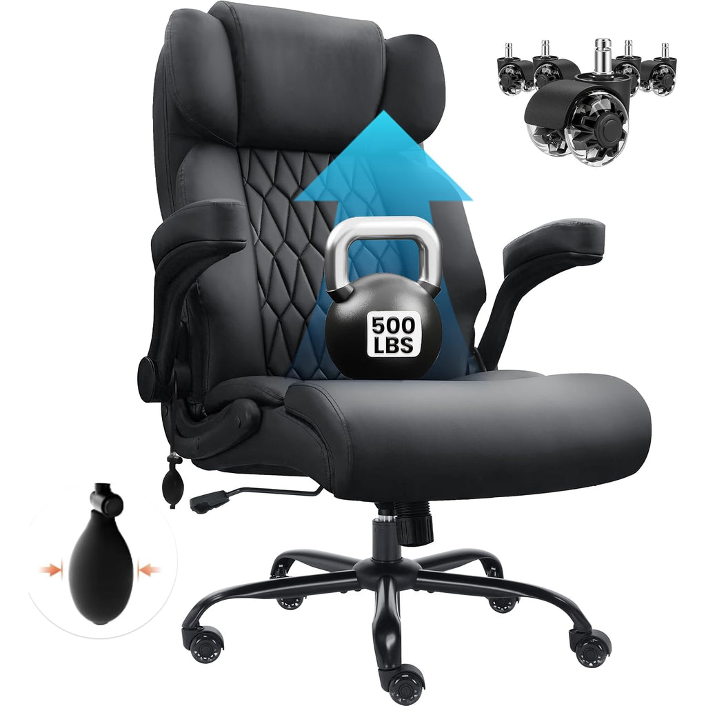 500Lbs Big And Tall Office Chair Adjustable Lumbar Support For Back Pain, Extra Wide Seat Executive Office Chair Thick Armrest Pad, Heavy Duty Base&Upgraded Wheels, Ergonomic Comfy Computer Desk Chair