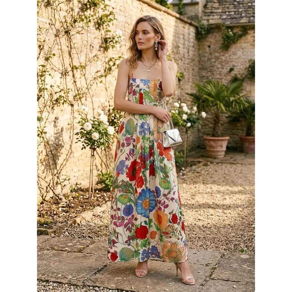 Abyovrt Women Boho Floral Maxi Dress Backless Spaghetti Strap A-Line Flowy Summer Vacation Long Dress