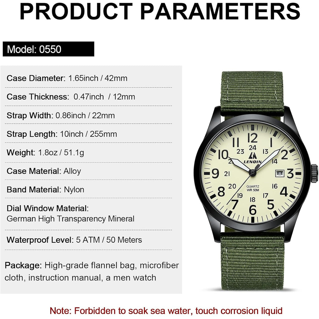 Ln Lenqin Mens Watches Unisex Military Sport Nylon Strap Stylish Luminous Fashion Analog Quartz Watch For Men Waterproof Army Tactical Casual Wristwatch