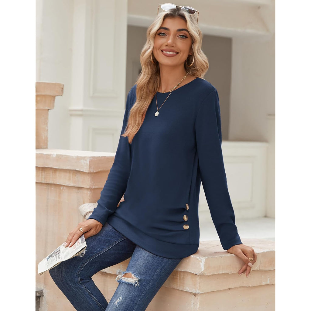 Zeagoo Womens Tops 2025 Long Sleeve Shirts For Fall Round Neck Blouses Floral Tunic Tops With Buttons Decor