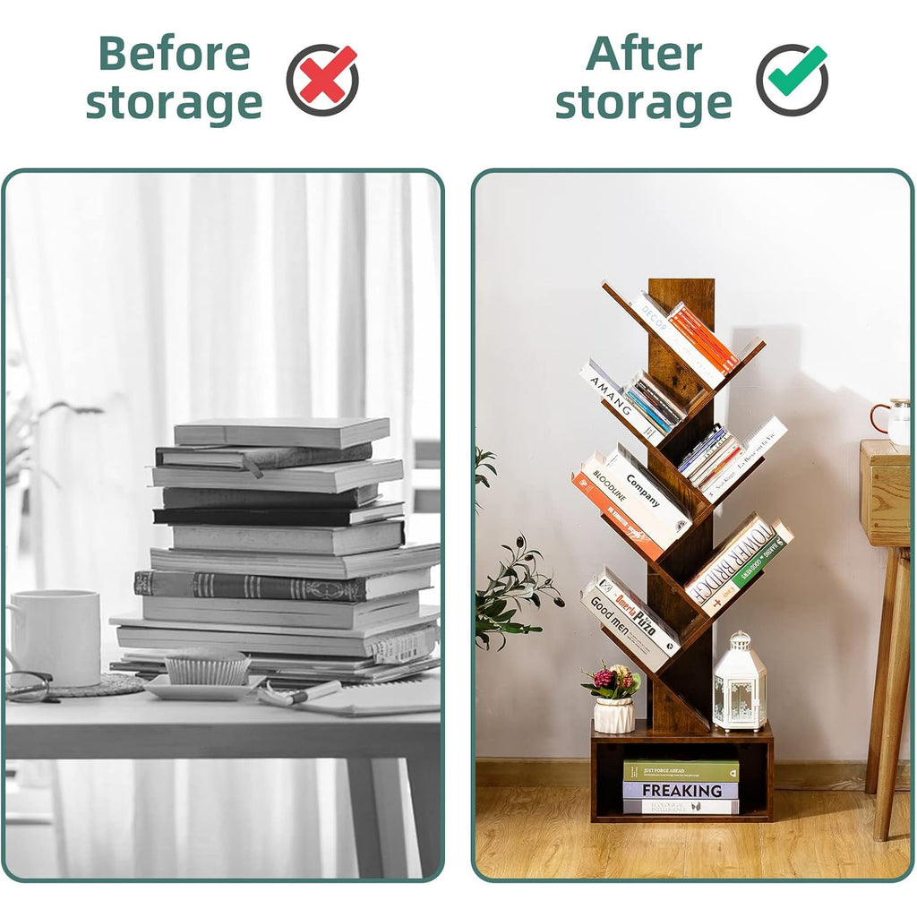 Yoobure Tree Bookshelf - 6 Shelf Retro Floor Standing Bookcase, Tall Wood Book Storage Rack For Cds/Movies/Books, Utility Book Organizer Shelves For Bedroom, Living Room, Home Office, Rustic Brown